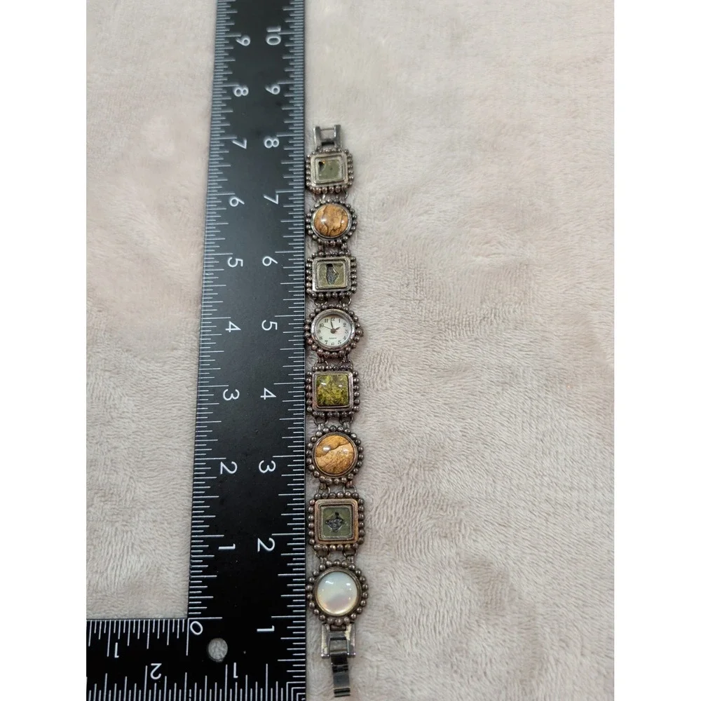 Vintage Mixed Stone Panel Bracelet Watch Silver Tone Japan Quartz Boho‎ Style